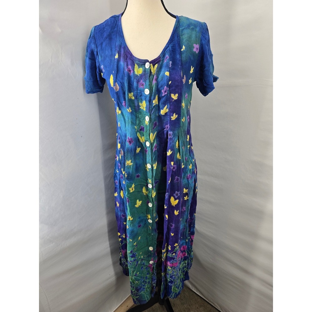 La Cera Vintage Blue Purple Butterfly Floral Rayon Crinkle Midi Dress Womens M